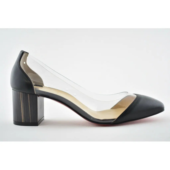 Christian Louboutin Grandola 55 Black Leather PVC Bois Block Heel Sandal Pump 37 - Picture 2 of 12